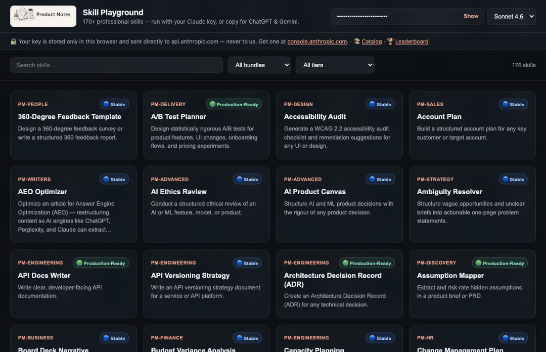 Skill Playground demo — pick a skill, fill the form, run it with your own Claude key