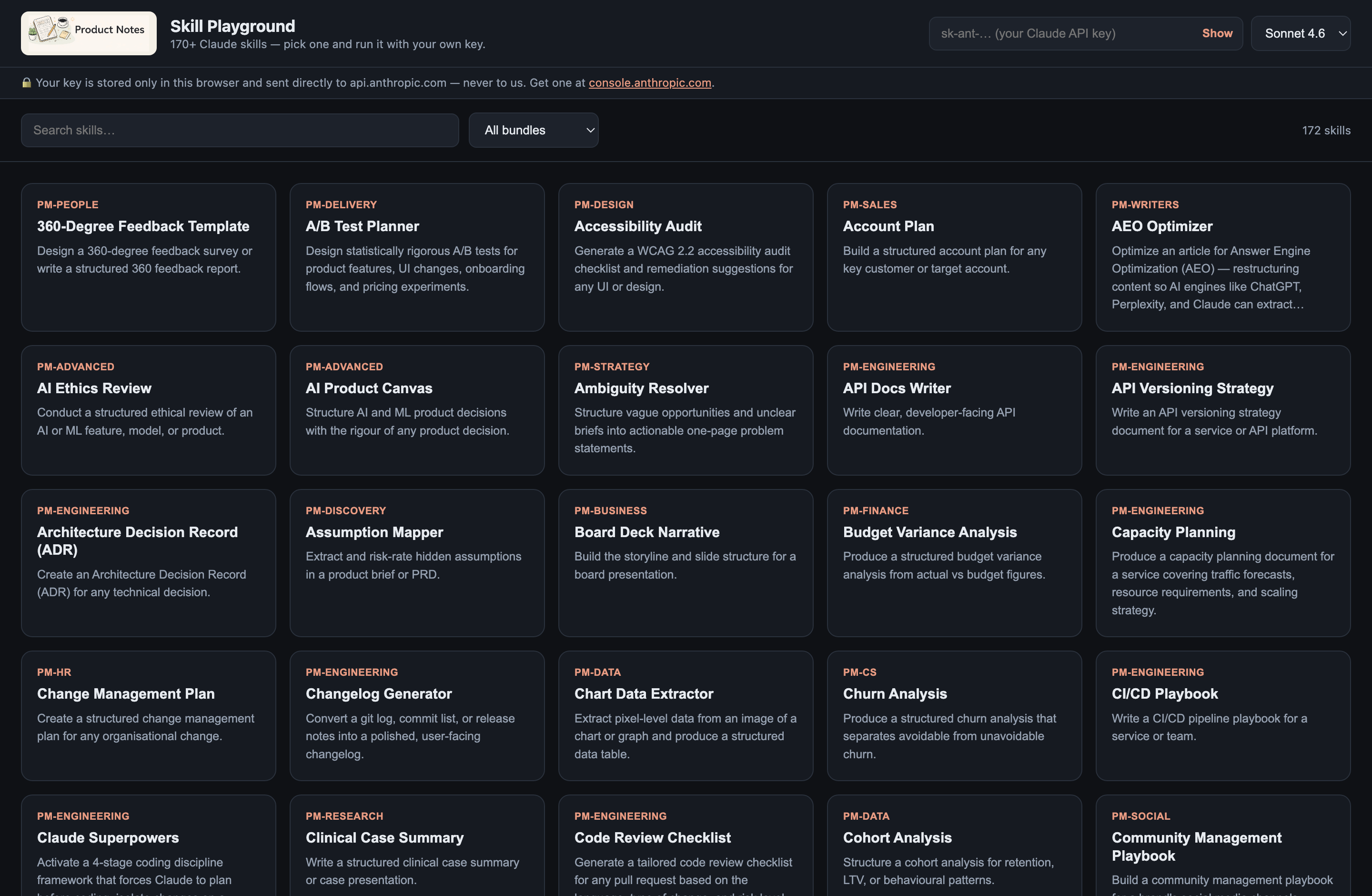 Skill Playground demo — pick a skill, fill the form, run it with your own Claude key